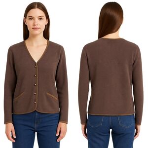 L.L. BEAN Cardigan Sweater Womens Large Brown Suede Trim Vintage 90s Retro